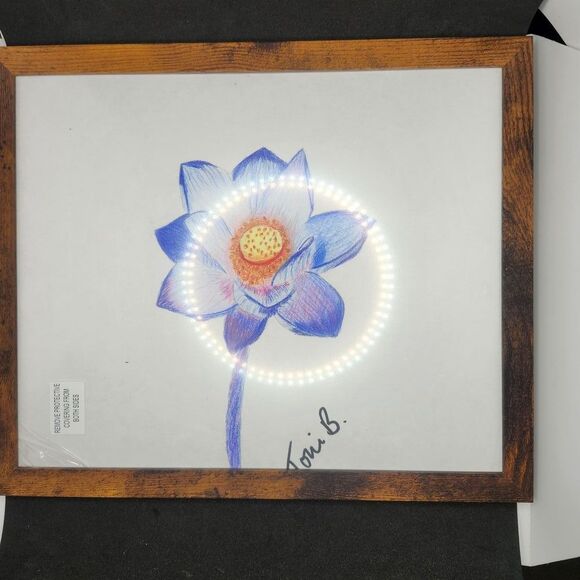 Hand Crafted Original Blue Floral Art   Framed Colored Pencil Drawing 12x10 - Picture 4 of 9